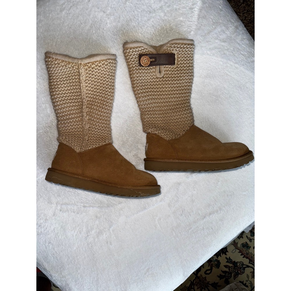 UGG Shaina Knit Boots Womens 6 Chestnut Suede 1012534 Cuffable Tall Sheepskin